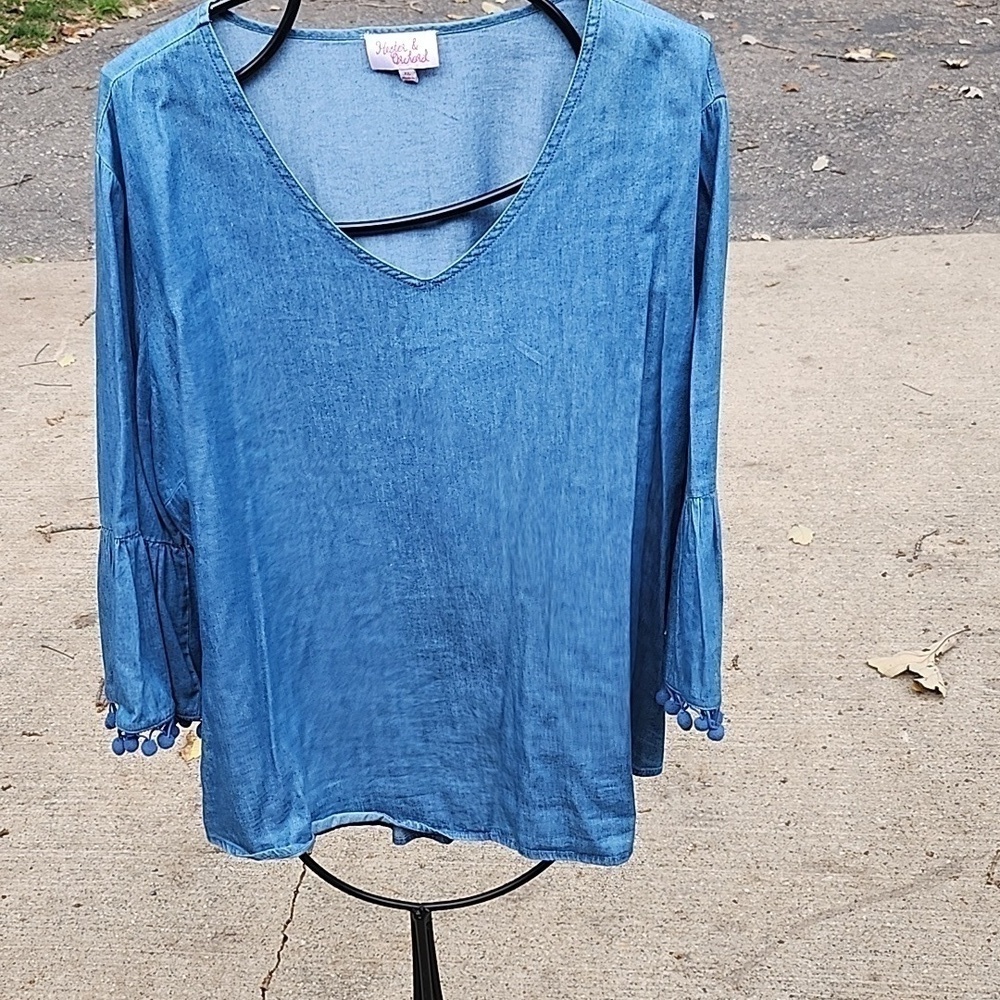 Hester & Orchard Vneck Pom Pom Bell Sleeve Blue Jean Sz.‎ XL Tunic